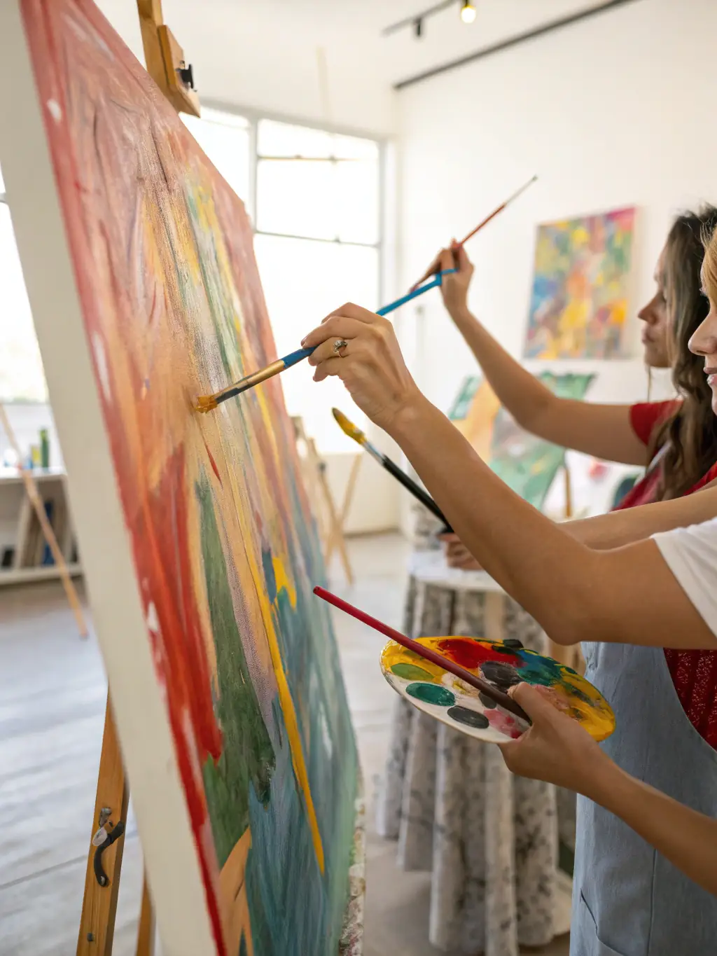 A photograph capturing artists deeply engaged in a collaborative painting session during an artistic residency at ROCS ET SOURCES, showcasing the creative process and community interaction.
