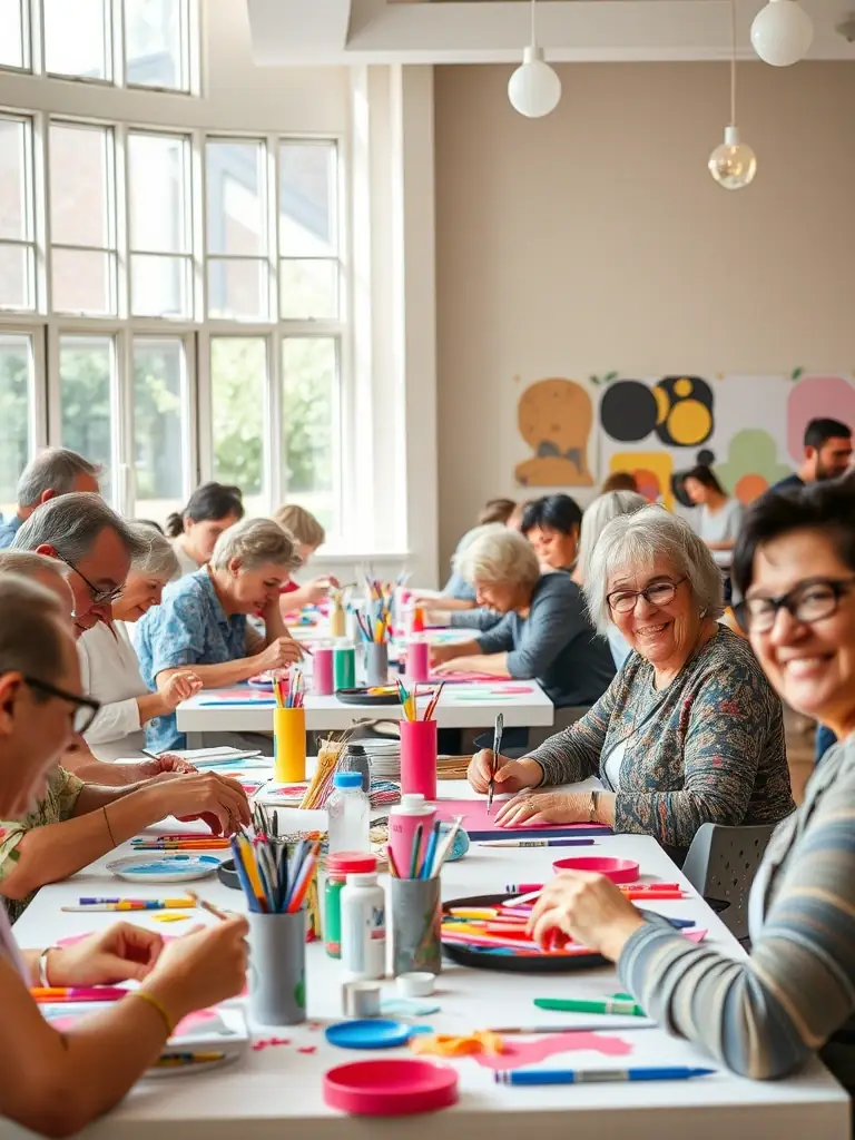 A vibrant image of a community art workshop organized by ROCS ET SOURCES, with participants of all ages creating colorful artwork together, emphasizing inclusivity and community engagement.