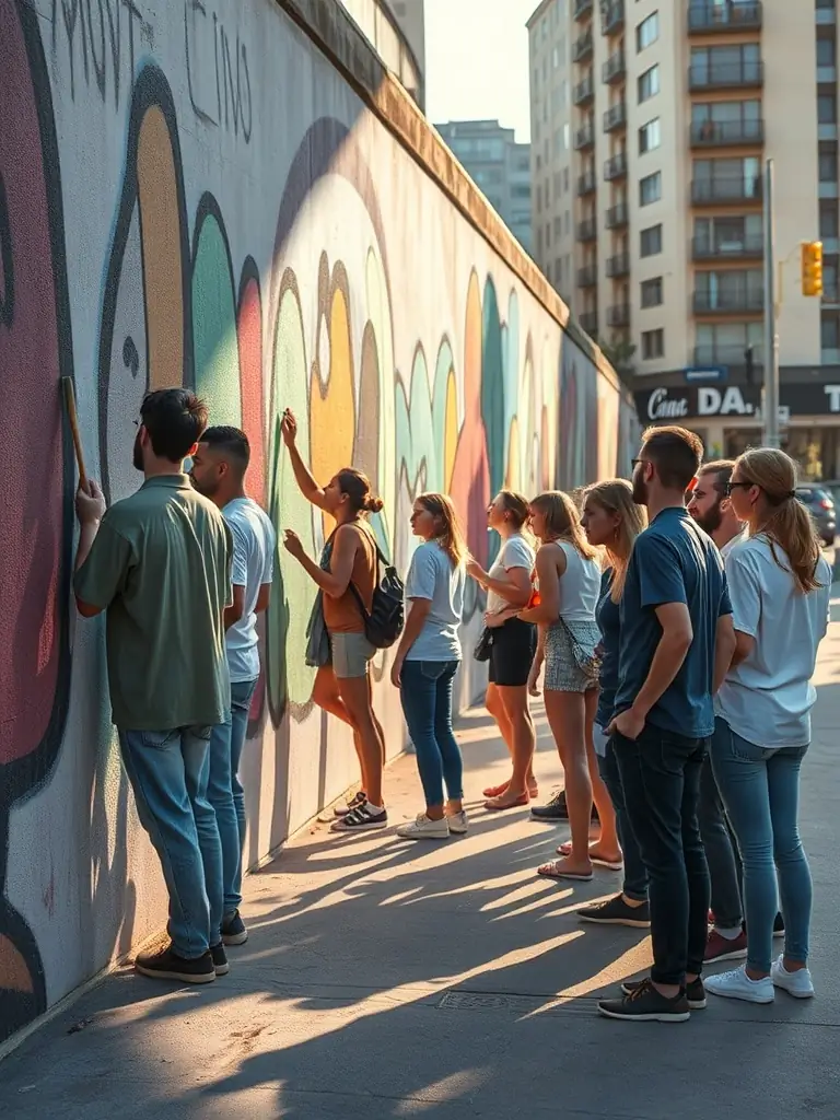 A dynamic image capturing a group of artists collaborating on a large-scale mural project in a public space, reflecting ROCS ET SOURCES' commitment to community engagement.