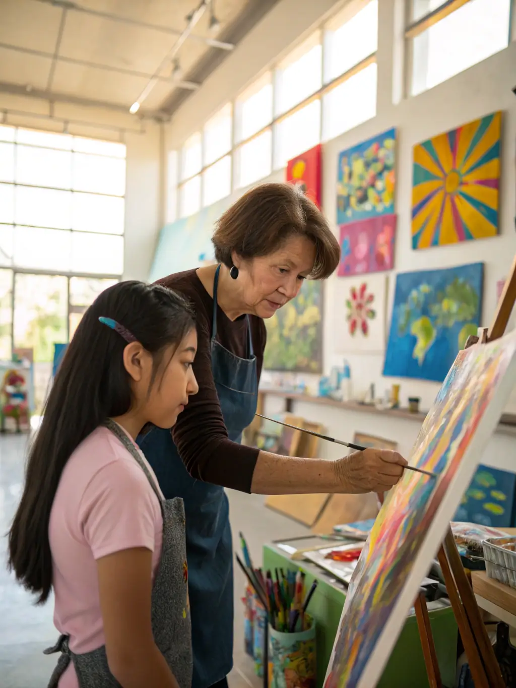 An artist mentoring a young student in a workshop, highlighting ROCS ET SOURCES' dedication to education and skill-sharing.