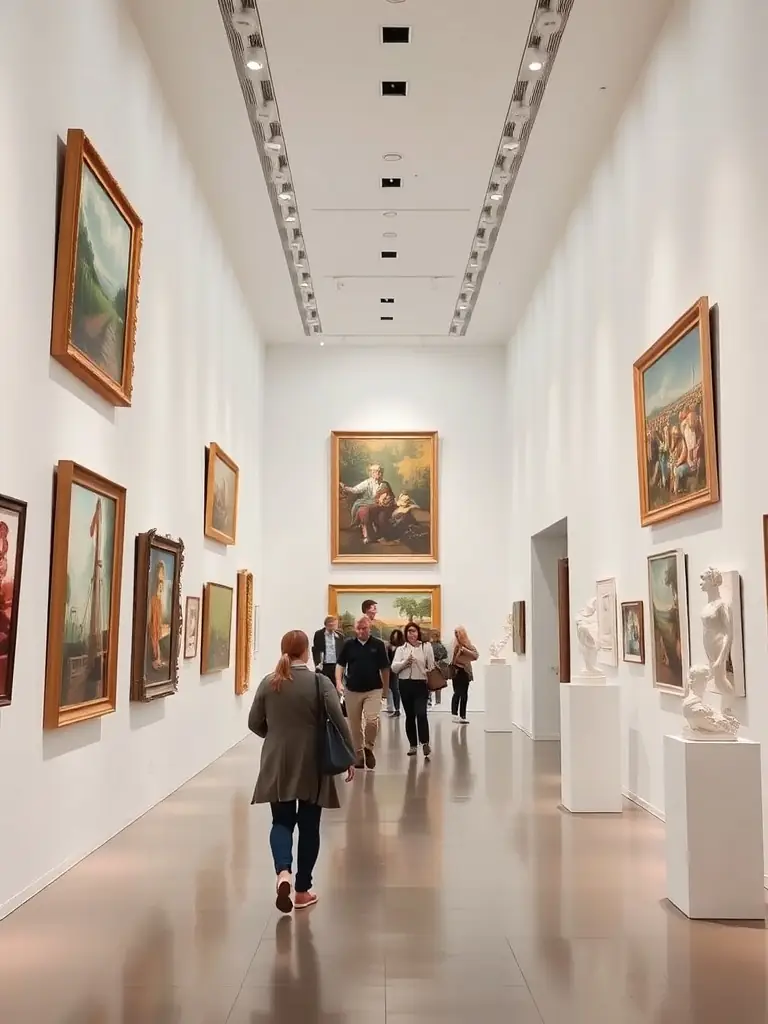 A photograph of an art exhibition at ROCS ET SOURCES, showcasing diverse artworks and visitors appreciating the displays, highlighting the organization's role in promoting artistic expression.