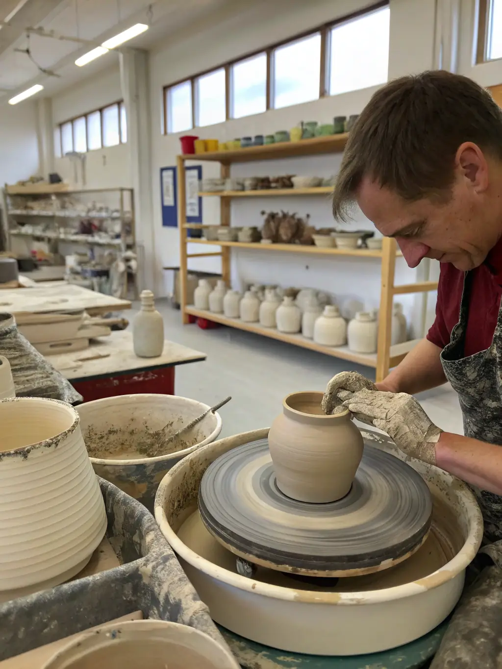 A vibrant image of a community workshop at ROCS ET SOURCES, where participants are learning pottery techniques, emphasizing hands-on engagement and skill-building.