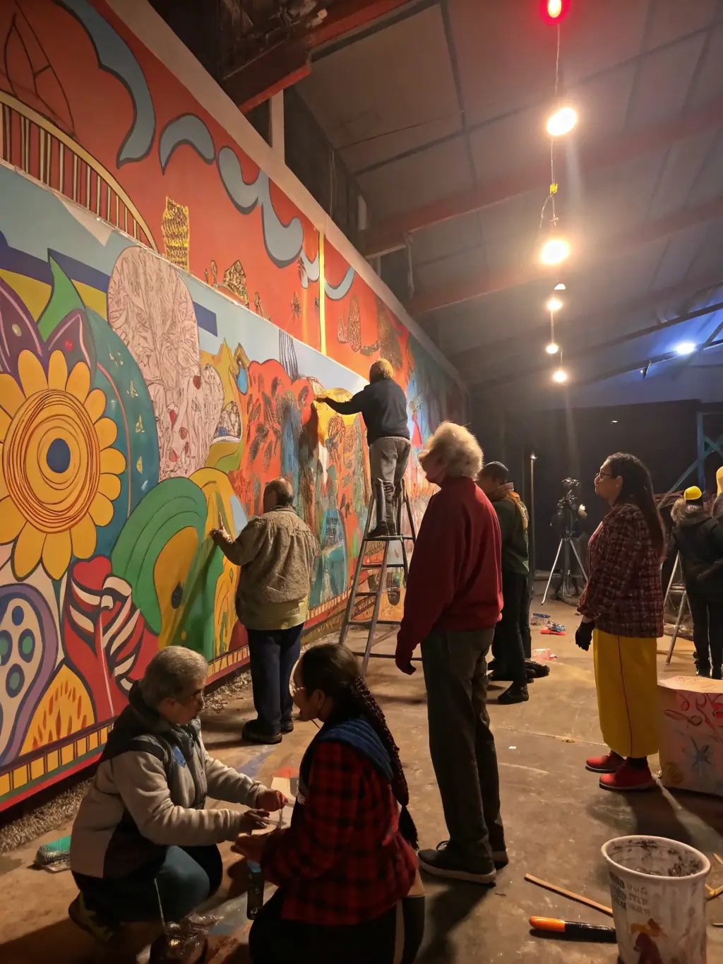 A diverse group of artists collaborating on a community art project, showcasing ROCS ET SOURCES' commitment to inclusivity and collective creativity.