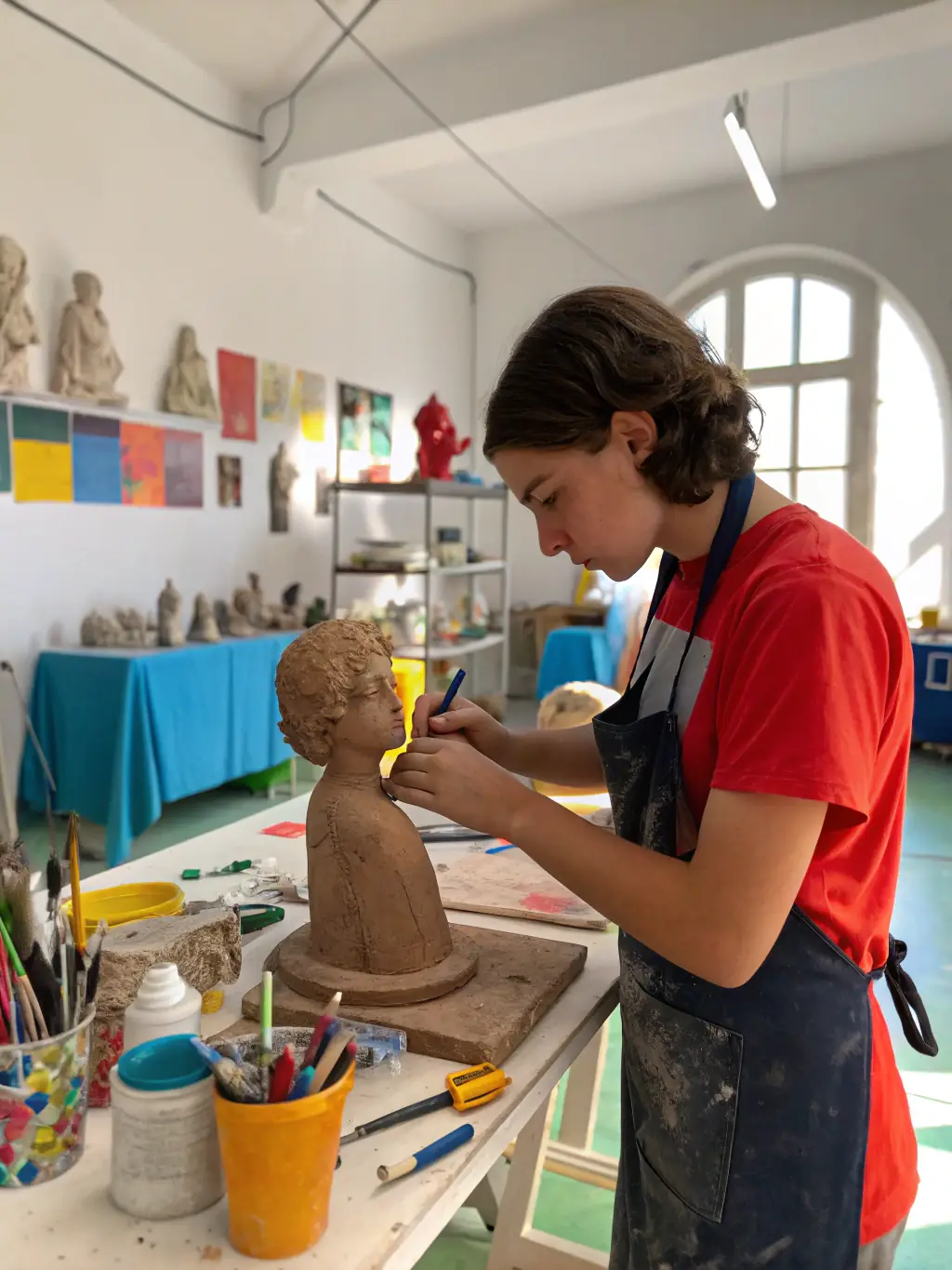 A photograph of an artist deeply engrossed in sculpting a clay figure in a sunlit studio at ROCS ET SOURCES, showcasing the dedication and focus fostered by the residency program.