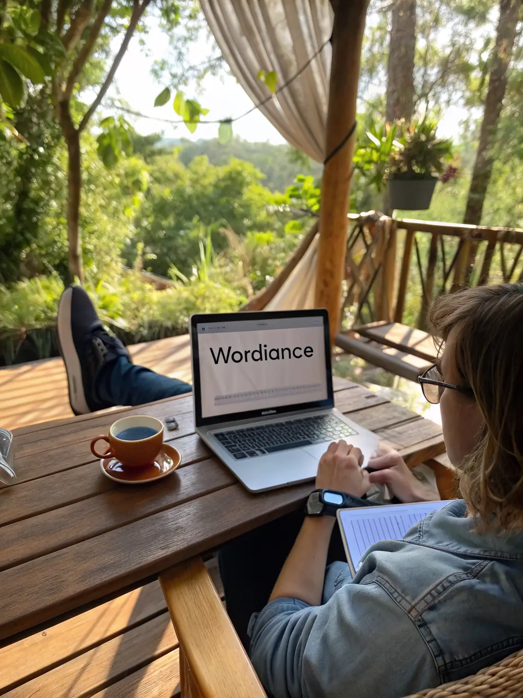 A serene photograph of a writer working on a laptop in a quiet, nature-surrounded setting at ROCS ET SOURCES, emphasizing the tranquility and inspiration provided by the residency.