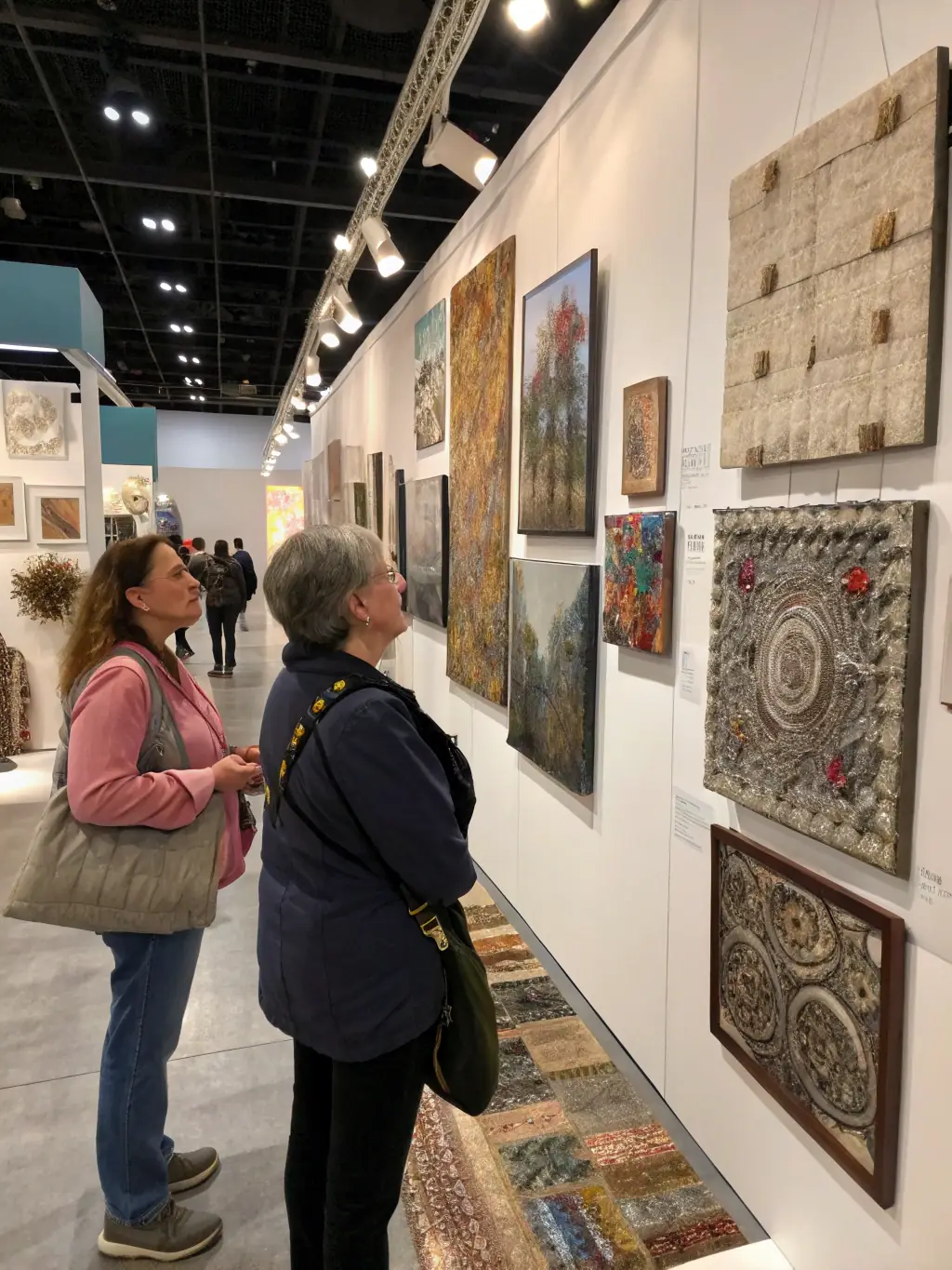 A photo of an artist presenting their work at an exhibition organized by ROCS ET SOURCES, with attendees admiring the artwork and engaging in conversation, highlighting the organization's role in promoting artists.